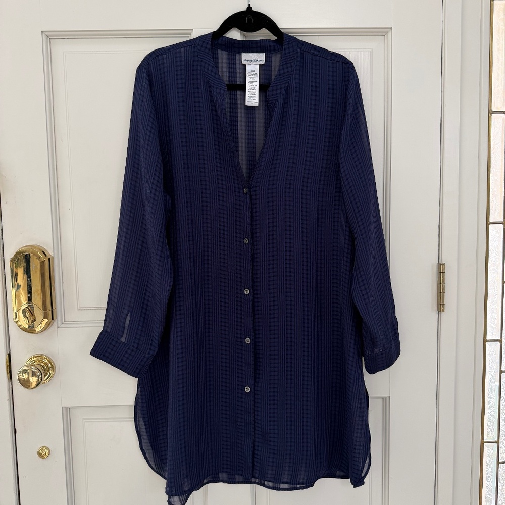 TOMMY BAHAMA Cadiz Chiffon Boyfriend Shirt, Navy Blue, Size L